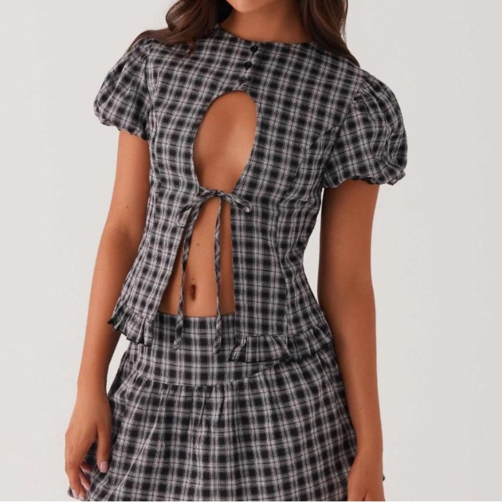Peppermayo Black and White Plaid KeyHole Tie Top